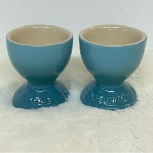 2 Le Creuset Footed Egg Cup Caribbean Blue Holders 3/8" Tall Pair Set NEW
